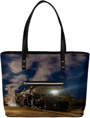Vintage Locomotive Tote Bag Women Shoulder Handbags PU Leather Everyday Bag with External Pocket Large Capacity Aesthetic Corduroy Tote Bag for Travel Work Party