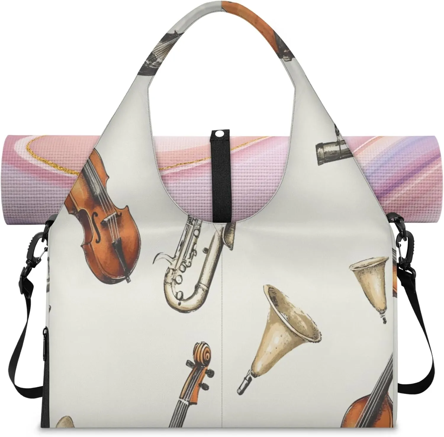 Violin cello saxophone Women's Yoga Gym Bag - Adjustable shoulder strap with shoe compartment, large gym bag with multiple pockets for yoga mat, gym equipment and travel accessories