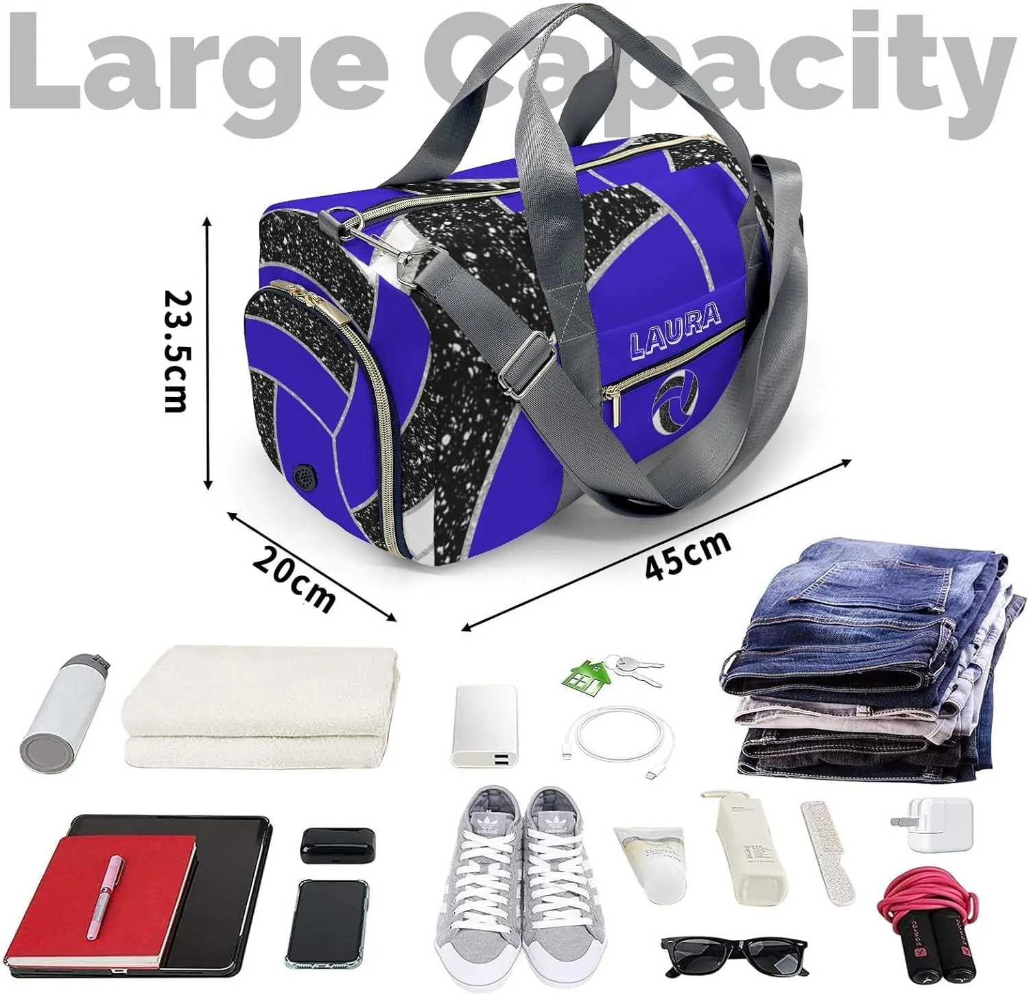 Volleyball Sports Duffel Bag Travel Duffle Gym Bags Weekender Bag with Shoe Compartments (Blue)