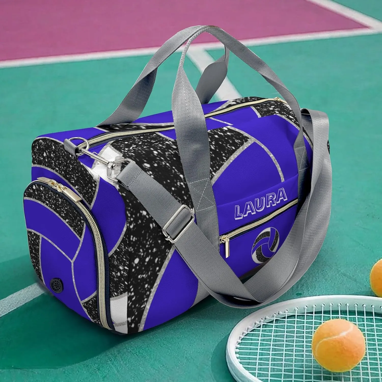 Volleyball Sports Duffel Bag Travel Duffle Gym Bags Weekender Bag with Shoe Compartments (Blue)