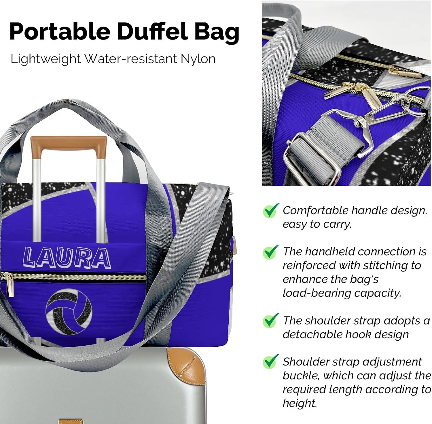 Volleyball Sports Duffel Bag Travel Duffle Gym Bags Weekender Bag with Shoe Compartments (Blue)