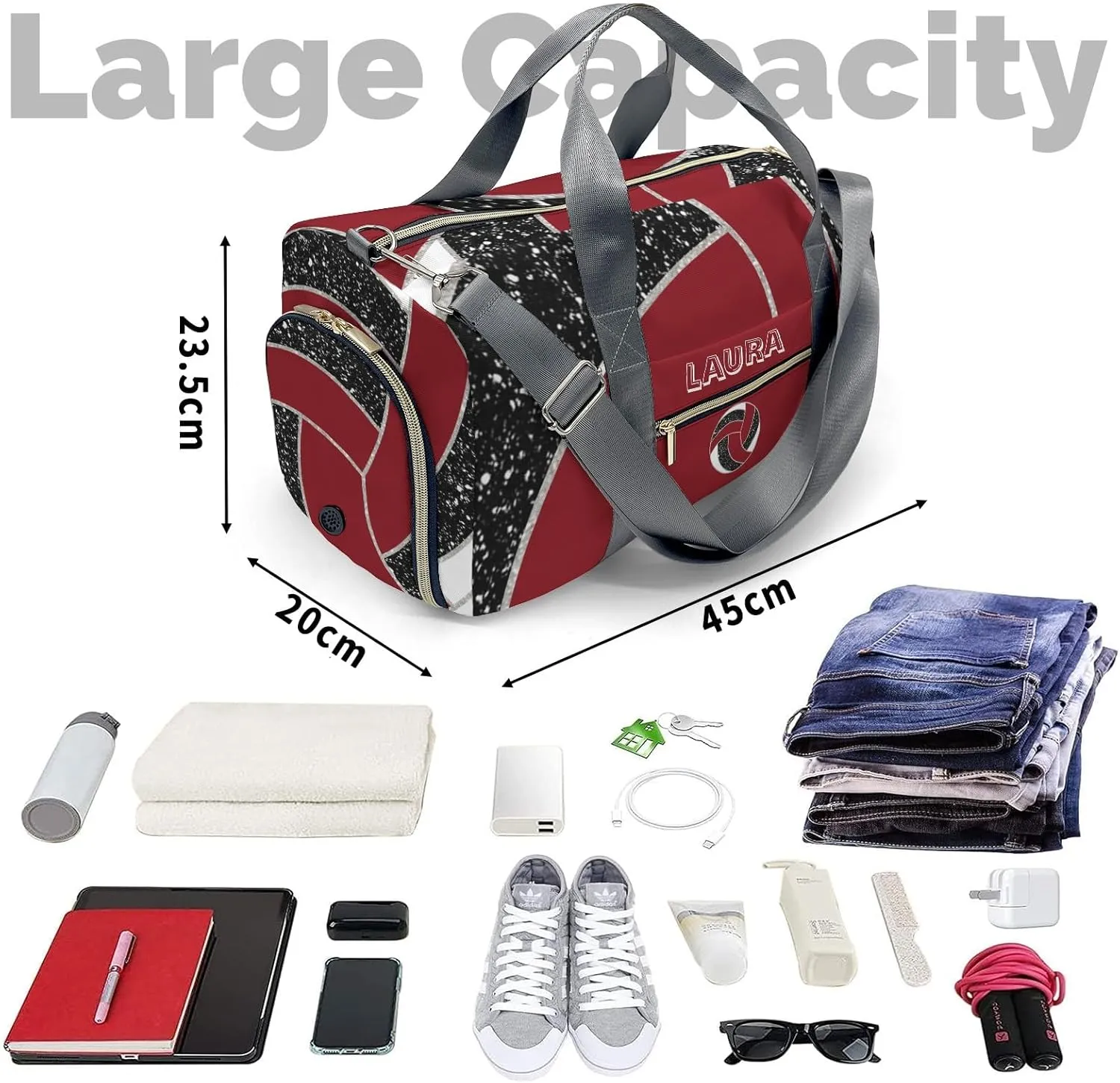 Volleyball Sports Duffel Bag Travel Duffle Gym Bags Weekender Bag with Shoe Compartments (Dark Red)