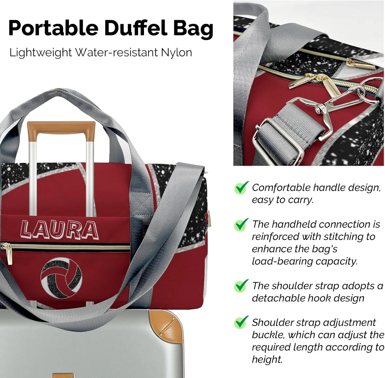 Volleyball Sports Duffel Bag Travel Duffle Gym Bags Weekender Bag with Shoe Compartments (Dark Red)