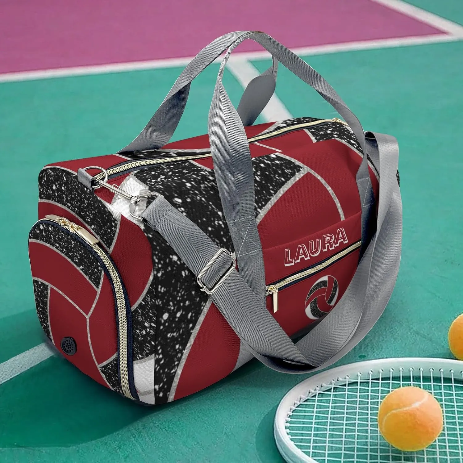 Volleyball Sports Duffel Bag Travel Duffle Gym Bags Weekender Bag with Shoe Compartments (Dark Red)