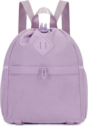 WANDF Drawstring Backpack Sports Gym Bag with Yoga Mat Strap, Water-Resistant String Backpack Cinch Bag with Mesh Pocket for Women Men (Purple, Patent Pending)