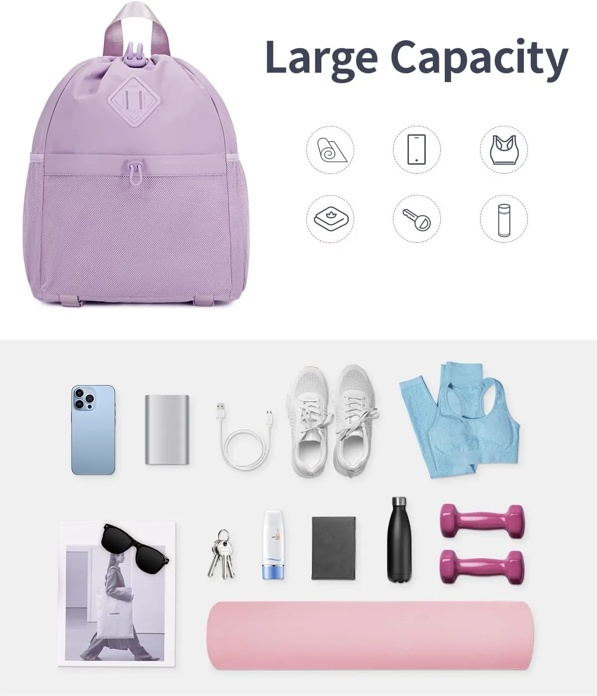 WANDF Drawstring Backpack Sports Gym Bag with Yoga Mat Strap, Water-Resistant String Backpack Cinch Bag with Mesh Pocket for Women Men (Purple, Patent Pending)