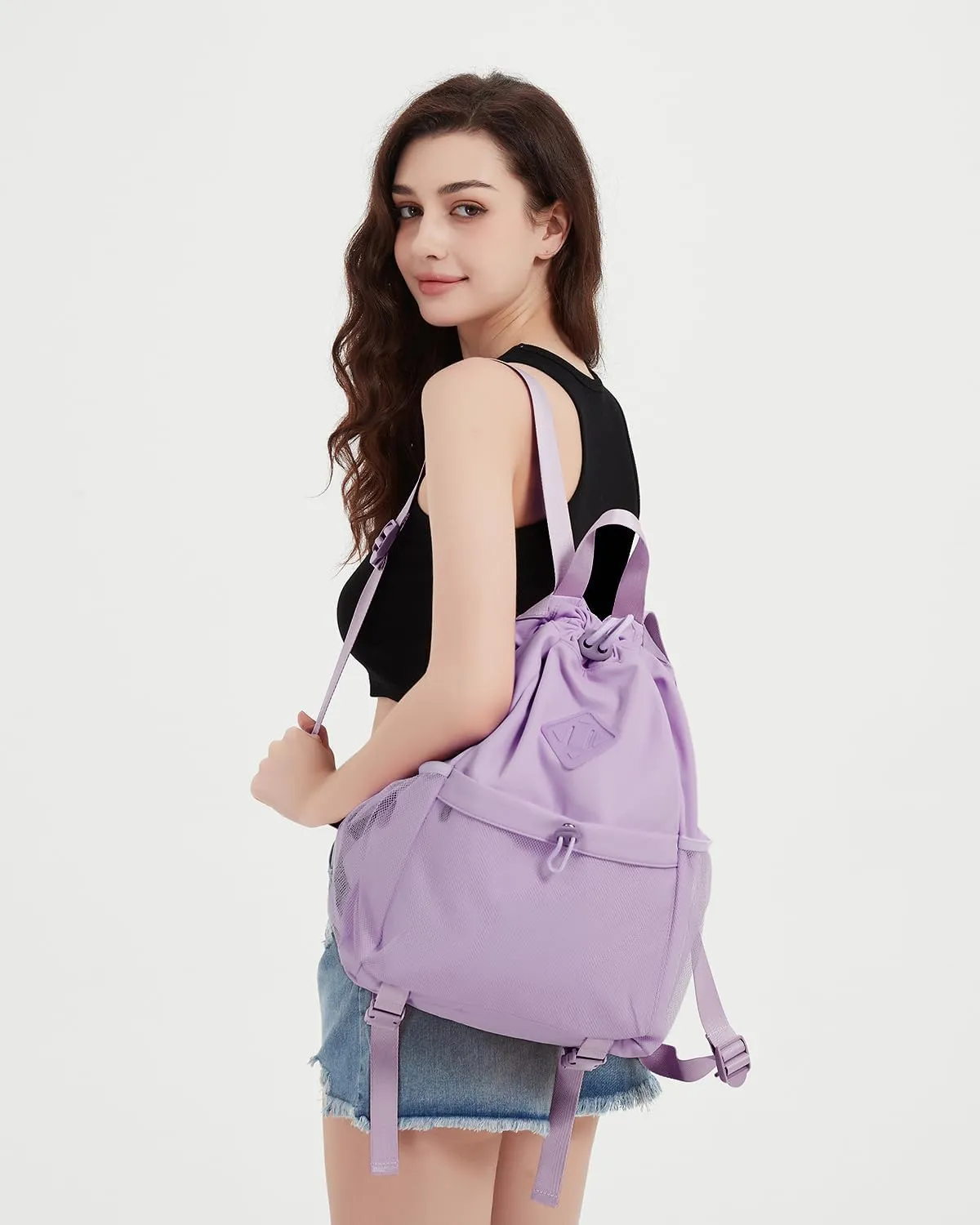 WANDF Drawstring Backpack Sports Gym Bag with Yoga Mat Strap, Water-Resistant String Backpack Cinch Bag with Mesh Pocket for Women Men (Purple, Patent Pending)