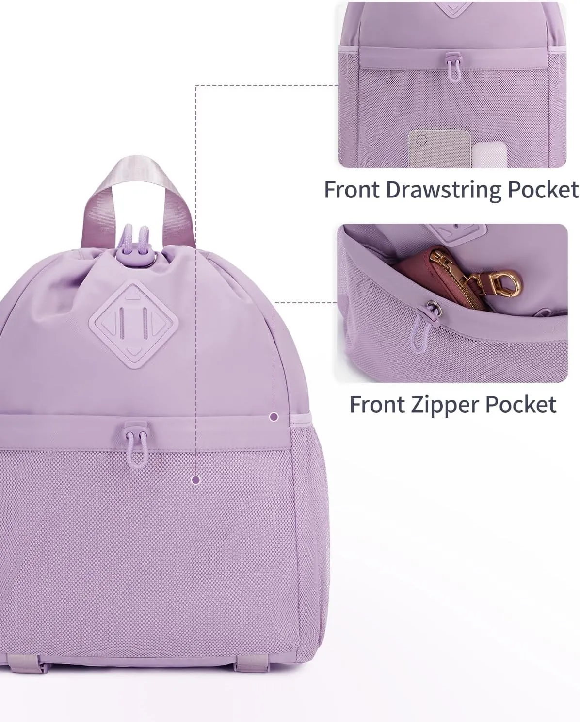WANDF Drawstring Backpack Sports Gym Bag with Yoga Mat Strap, Water-Resistant String Backpack Cinch Bag with Mesh Pocket for Women Men (Purple, Patent Pending)