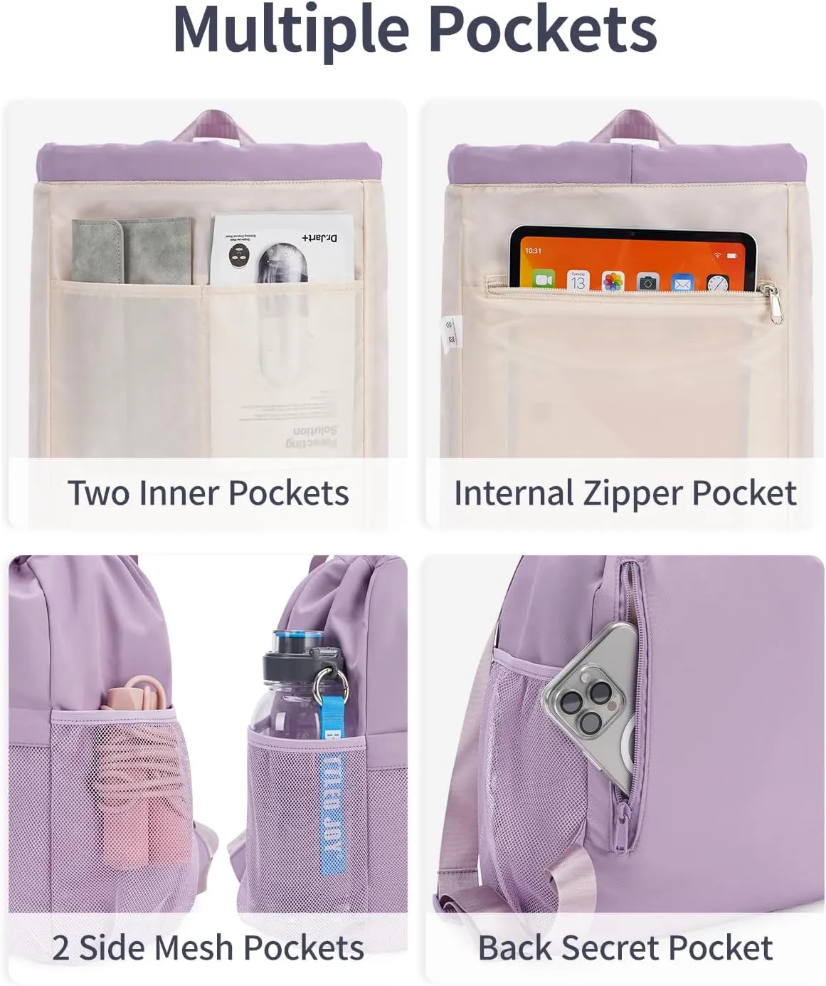 WANDF Drawstring Backpack Sports Gym Bag with Yoga Mat Strap, Water-Resistant String Backpack Cinch Bag with Mesh Pocket for Women Men (Purple, Patent Pending)