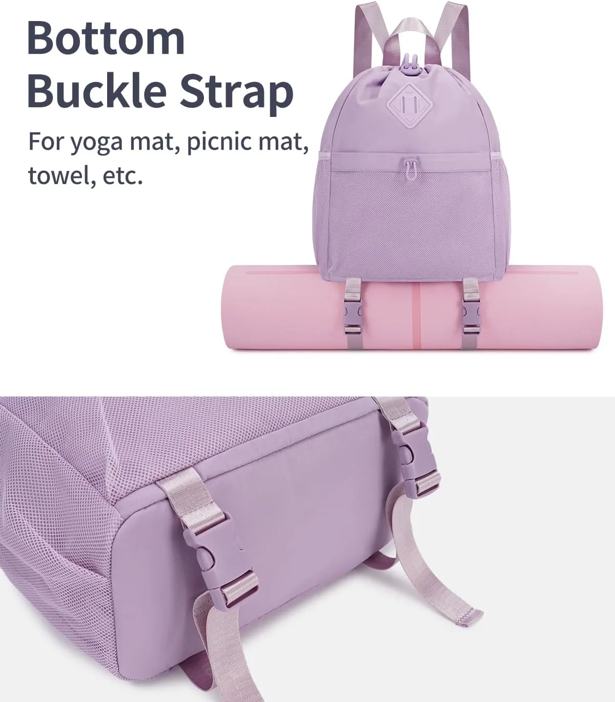 WANDF Drawstring Backpack Sports Gym Bag with Yoga Mat Strap, Water-Resistant String Backpack Cinch Bag with Mesh Pocket for Women Men (Purple, Patent Pending)