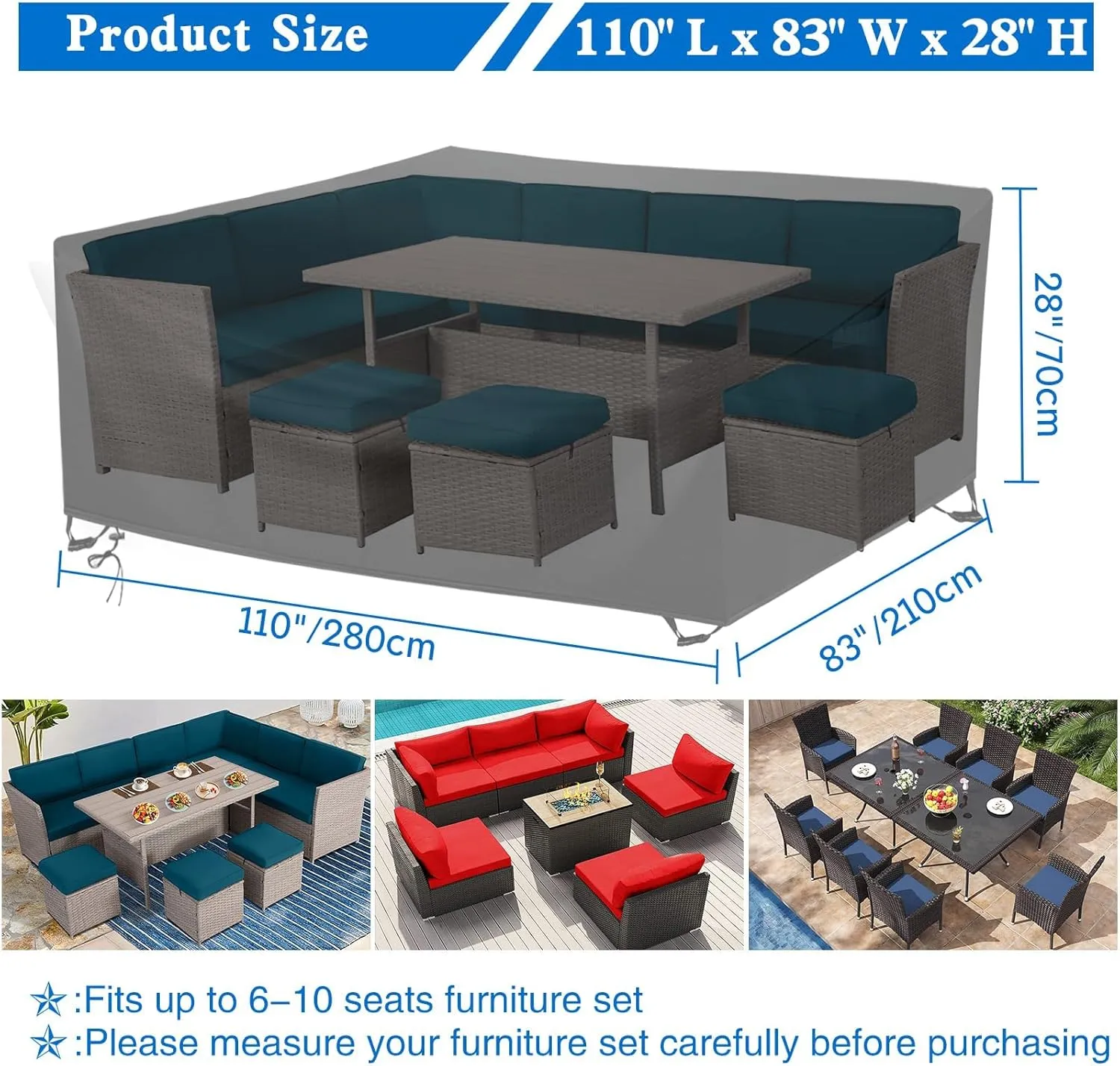 Wanocean Patio Furniture Covers Waterproof, Outdoor Furniture Cover with Storage Bag, Outdoor Table and Chair Cover for Rain, UV, Snow and Dust（110" L x 83" W x 28" H）