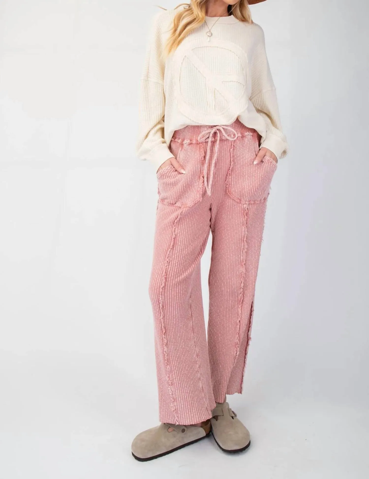 Washed Novelty Rib Knit Sweatpants In Mauve
