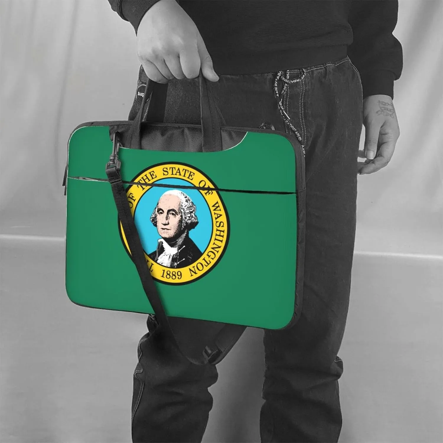 Washington Flag Print Laptop Adjustable Shoulder Strap With Handle Accessory Pocket For Men Women