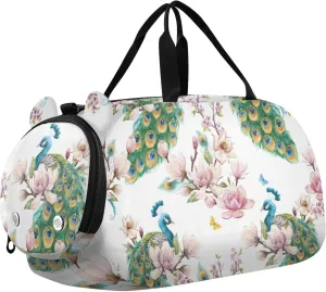 Watercolor Peacock Pattern Gym Travel Duffel Bag with Shoe Compartment for Boys Girls - Gymnastics Sports Dance Football Travel Bag Teens Weekender Sleepover