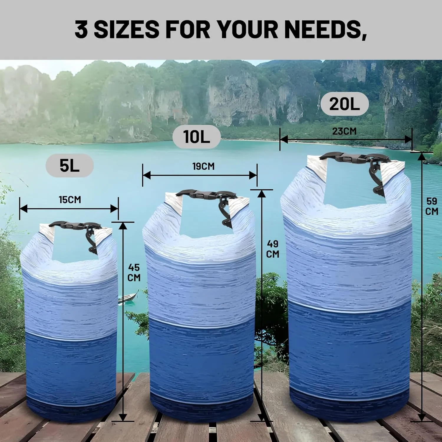 Waterproof Dry Bag,Roll Top Blue Ombre Rustic Barn Wood Waterproof Backpack 5L/10L/20L Floating and Lightweight Bags for Kayaking, Boating, Fishing, Swimming and Camping with Waterproof Phone Case