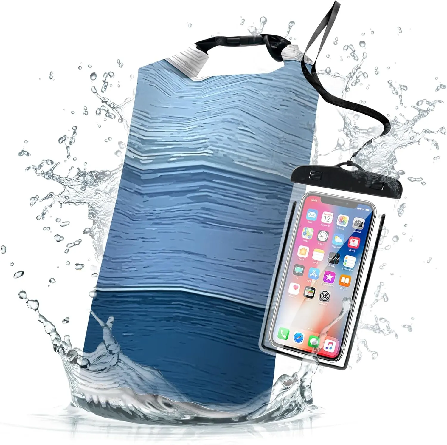 Waterproof Dry Bag,Roll Top Blue Ombre Rustic Barn Wood Waterproof Backpack 5L/10L/20L Floating and Lightweight Bags for Kayaking, Boating, Fishing, Swimming and Camping with Waterproof Phone Case