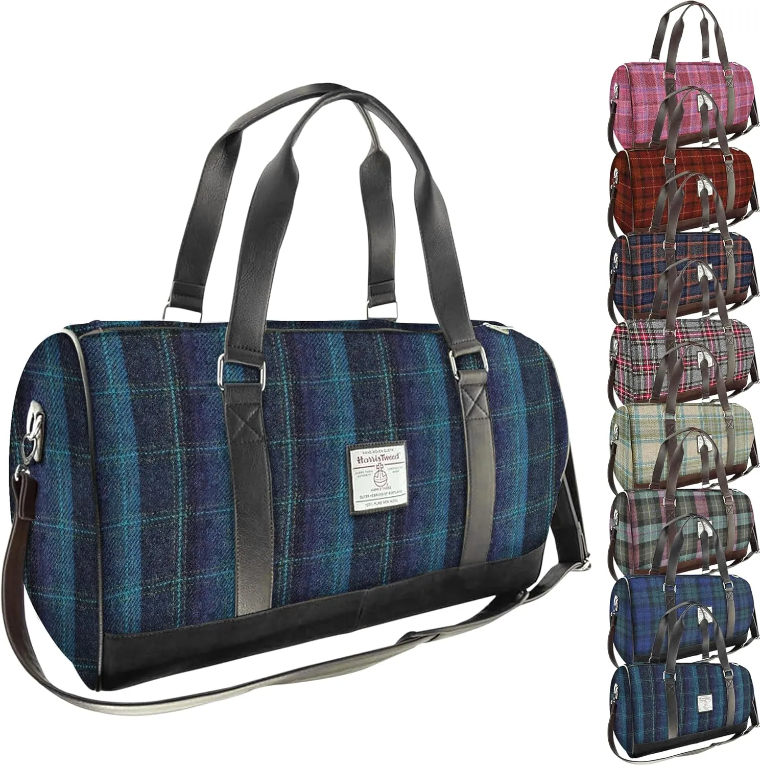 Weekend Bag - Genuine Harris Tweed Made in Scotland - Cabin-Approved Duffle - Tartan Travel Companion - Unisex Hand Luggage - Blue With Turquoise OverCheck