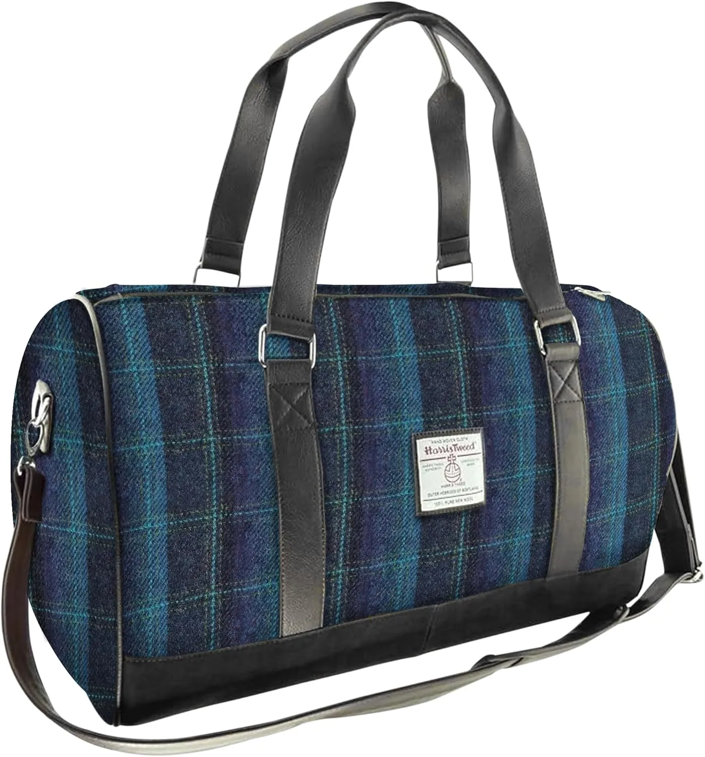 Weekend Bag - Genuine Harris Tweed Made in Scotland - Cabin-Approved Duffle - Tartan Travel Companion - Unisex Hand Luggage - Blue With Turquoise OverCheck