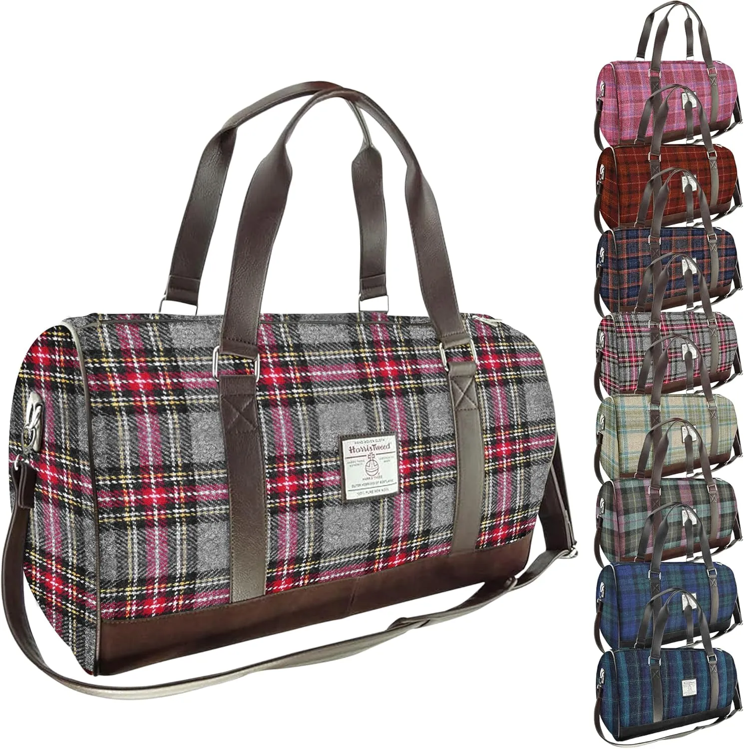 Weekend Bag - Genuine Harris Tweed Made in Scotland - Cabin-Approved Duffle - Tartan Travel Companion - Unisex Hand Luggage - Grey and Red Check