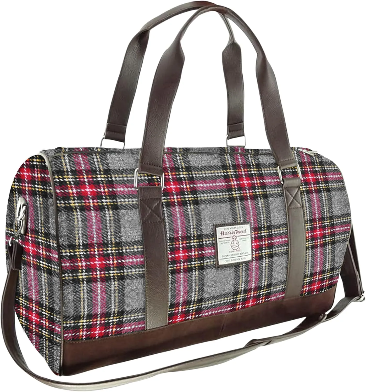 Weekend Bag - Genuine Harris Tweed Made in Scotland - Cabin-Approved Duffle - Tartan Travel Companion - Unisex Hand Luggage - Grey and Red Check