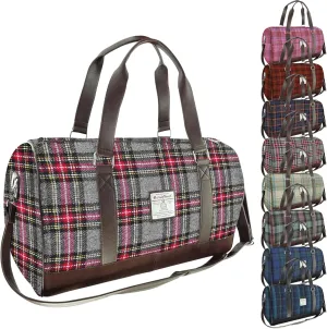 Weekend Bag - Genuine Harris Tweed Made in Scotland - Cabin-Approved Duffle - Tartan Travel Companion - Unisex Hand Luggage - Grey and Red Check
