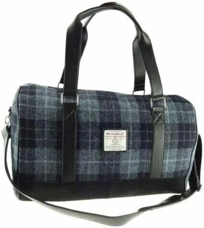 Weekend Bag - Genuine Harris Tweed Made in Scotland - Cabin-Approved Duffle - Tartan Travel Companion - Unisex Hand Luggage - Grey/Black Tartan check