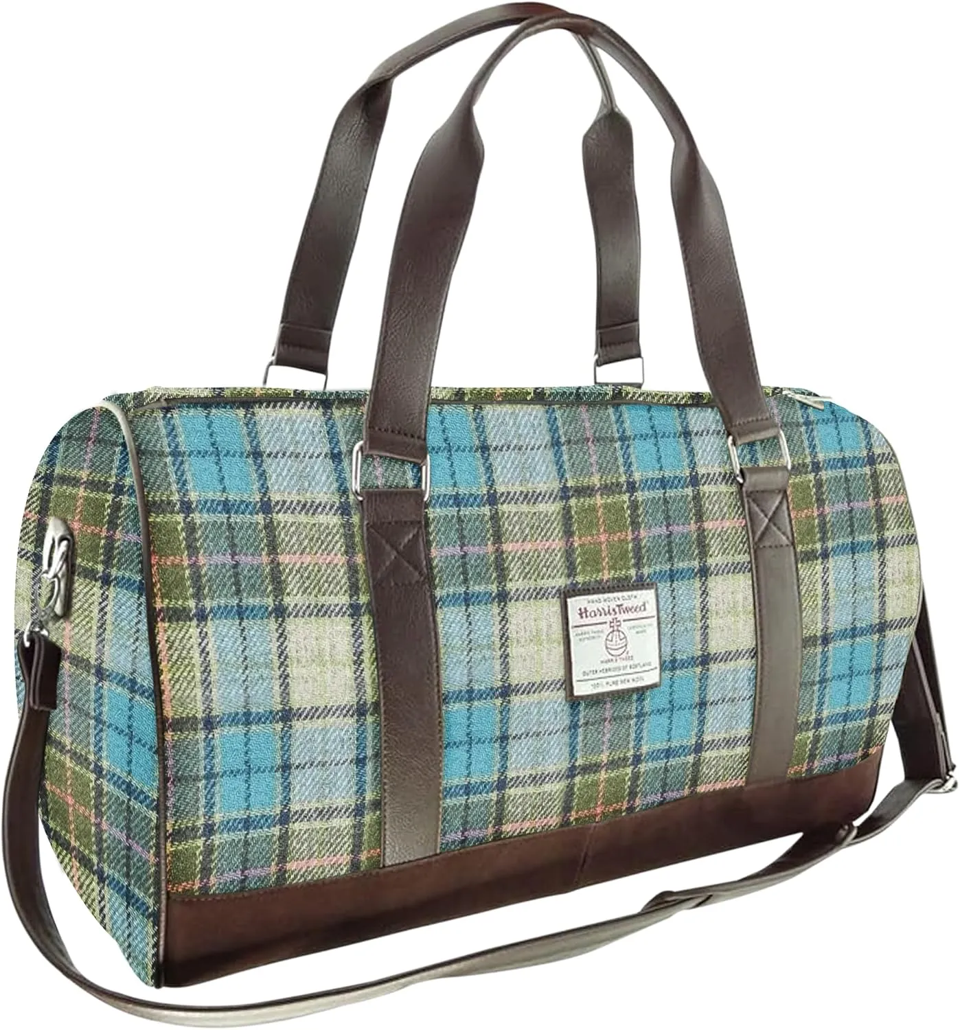 Weekend Bag - Genuine Harris Tweed Made in Scotland - Cabin-Approved Duffle - Tartan Travel Companion - Unisex Hand Luggage - Turquoise Tartan check