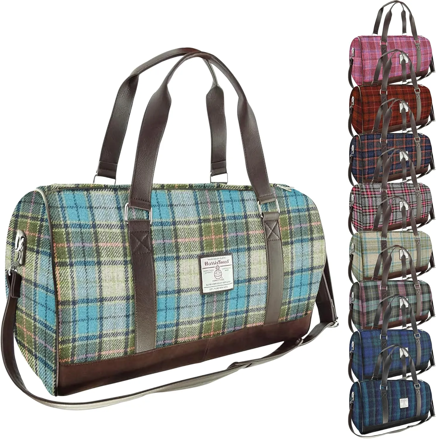 Weekend Bag - Genuine Harris Tweed Made in Scotland - Cabin-Approved Duffle - Tartan Travel Companion - Unisex Hand Luggage - Turquoise Tartan check