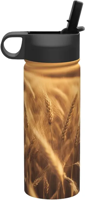 Wheat Field Print Flask Stainless Steel Water Bottle with Straw 18OZ FOR Outdoor Gym Commute