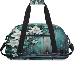 White Flowers Green Planks Kids Duffle Bag for Kids Boys Girls Overnight Travel Bag Kids Duffel Bags Ballet Weekender Bag for School Gym Sport Sleepover Bag