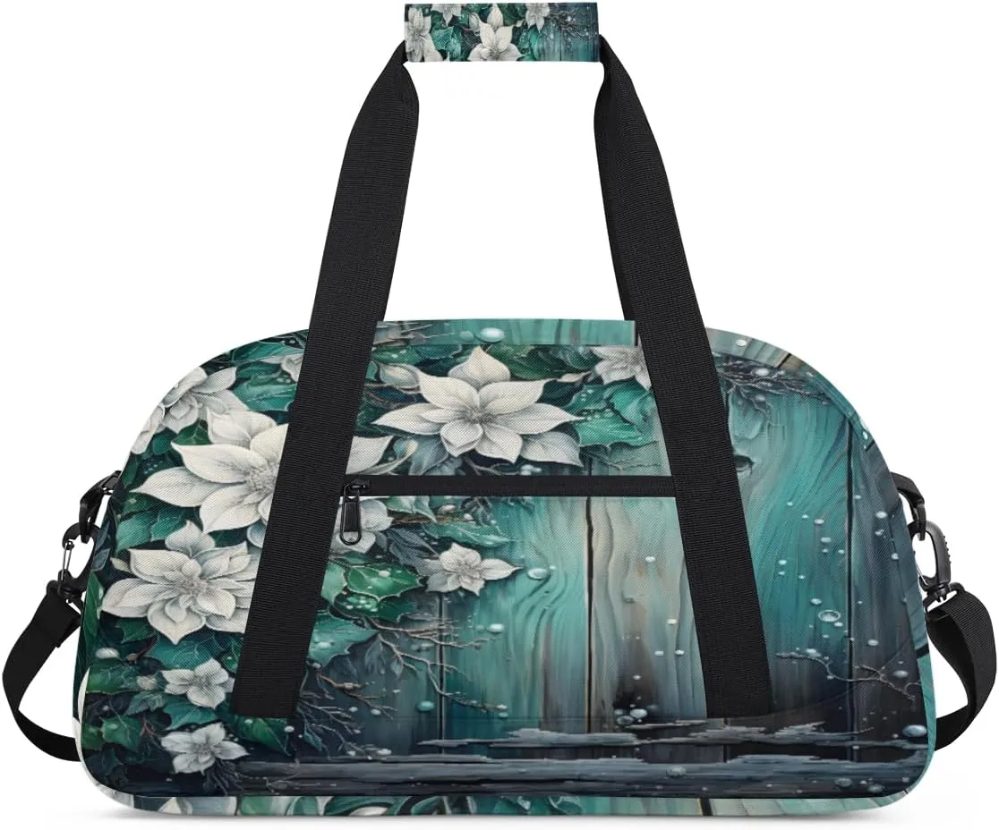 White Flowers Green Planks Kids Duffle Bag for Kids Boys Girls Overnight Travel Bag Kids Duffel Bags Ballet Weekender Bag for School Gym Sport Sleepover Bag