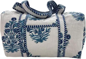 White with Blue Pattern Hand Block Printed Duffel Bag