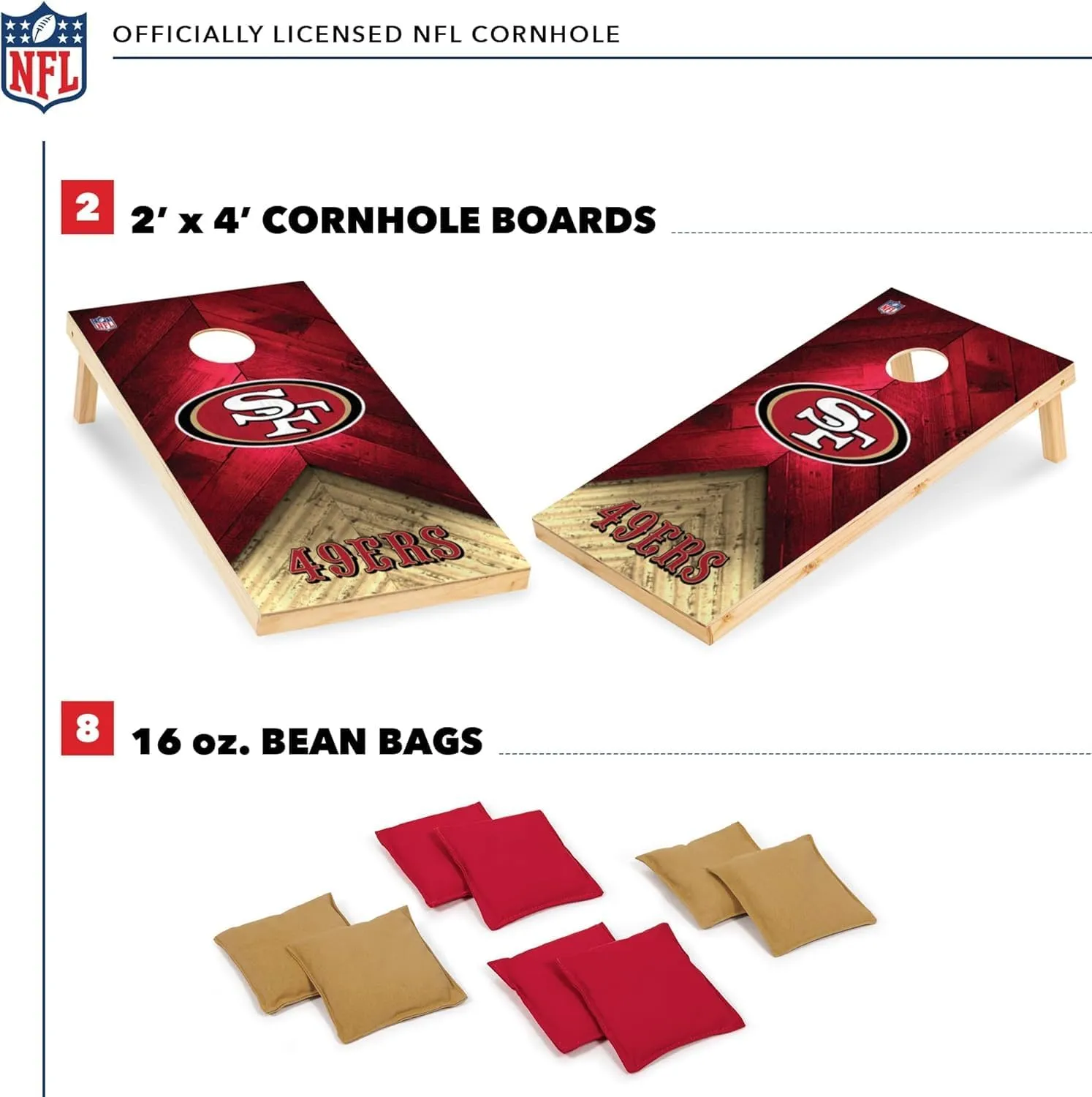 Wild Sports NFL Football 2' x 4' Regulation Size Solid Wood Cornhole Set with Direct Print HD Team Graphics Great Gift for Any Football Fan! Bean Bag Toss Family Outdoor Game