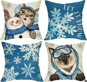 Winter Cat Blue Snowflake Decorative Throw Pillow Covers 18 x 18 Set of 4, Tabby Siamese Cat Snowman Porch Outdoor Home Decor Pet Lover Gifts, Christmas Let It Snow Seasonal Couch Cushion Case