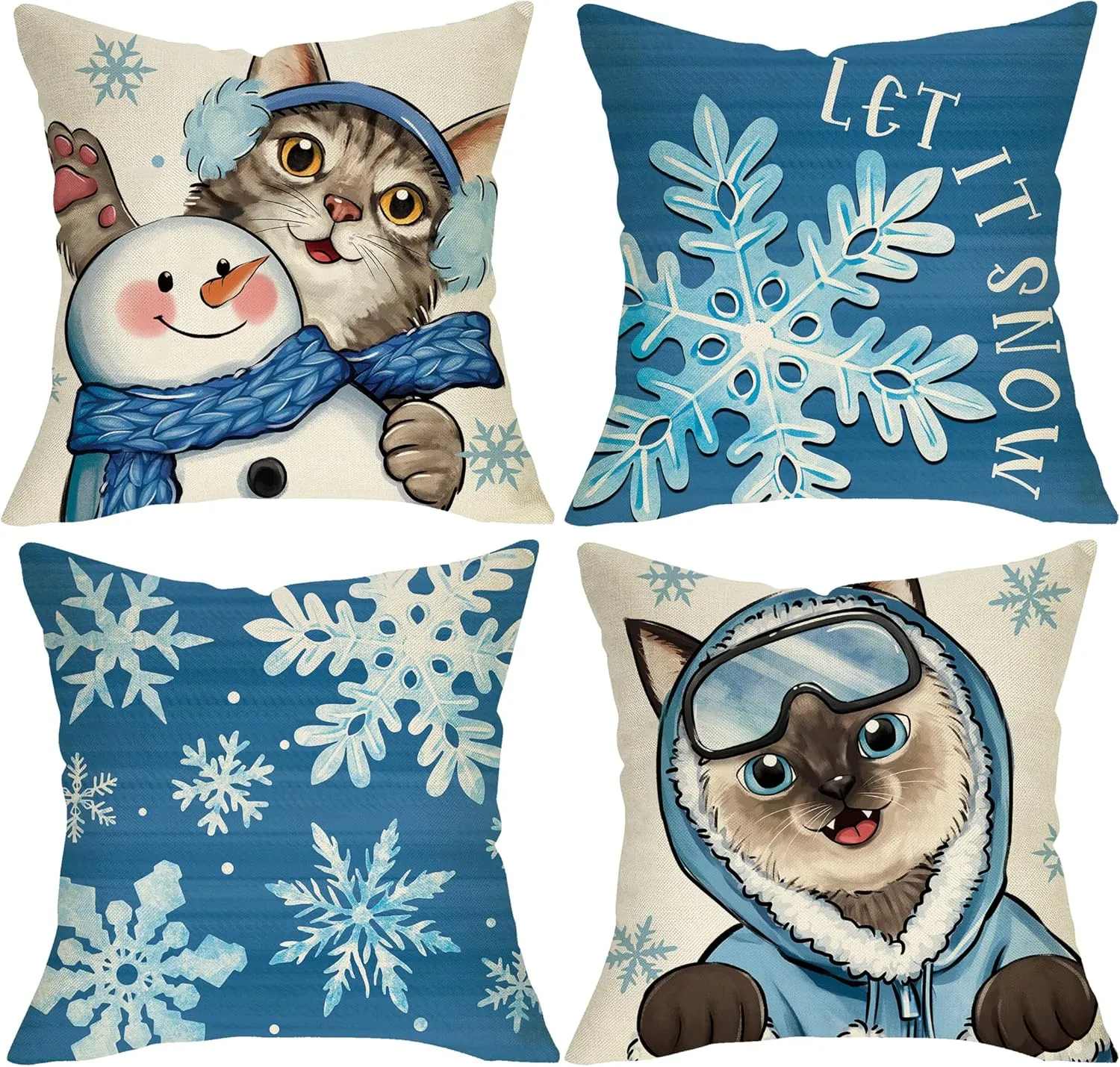 Winter Cat Blue Snowflake Decorative Throw Pillow Covers 18 x 18 Set of 4, Tabby Siamese Cat Snowman Porch Outdoor Home Decor Pet Lover Gifts, Christmas Let It Snow Seasonal Couch Cushion Case