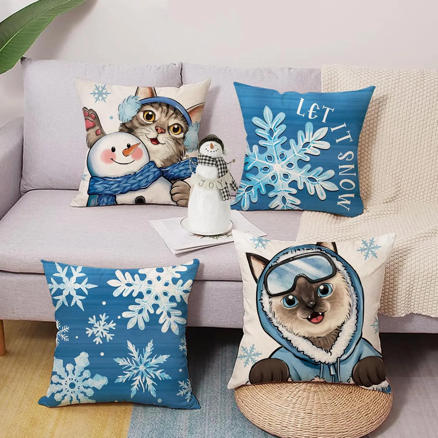 Winter Cat Blue Snowflake Decorative Throw Pillow Covers 18 x 18 Set of 4, Tabby Siamese Cat Snowman Porch Outdoor Home Decor Pet Lover Gifts, Christmas Let It Snow Seasonal Couch Cushion Case
