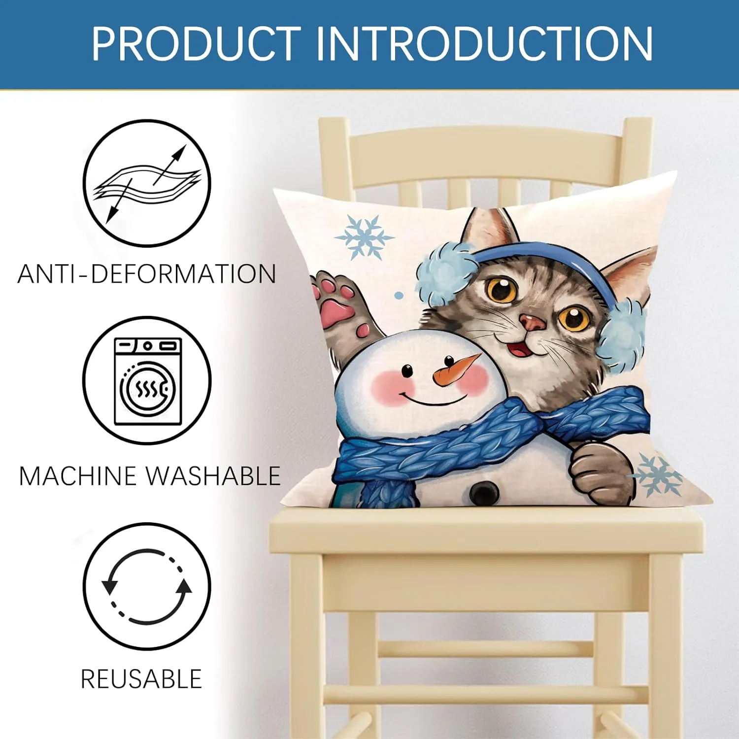Winter Cat Blue Snowflake Decorative Throw Pillow Covers 18 x 18 Set of 4, Tabby Siamese Cat Snowman Porch Outdoor Home Decor Pet Lover Gifts, Christmas Let It Snow Seasonal Couch Cushion Case