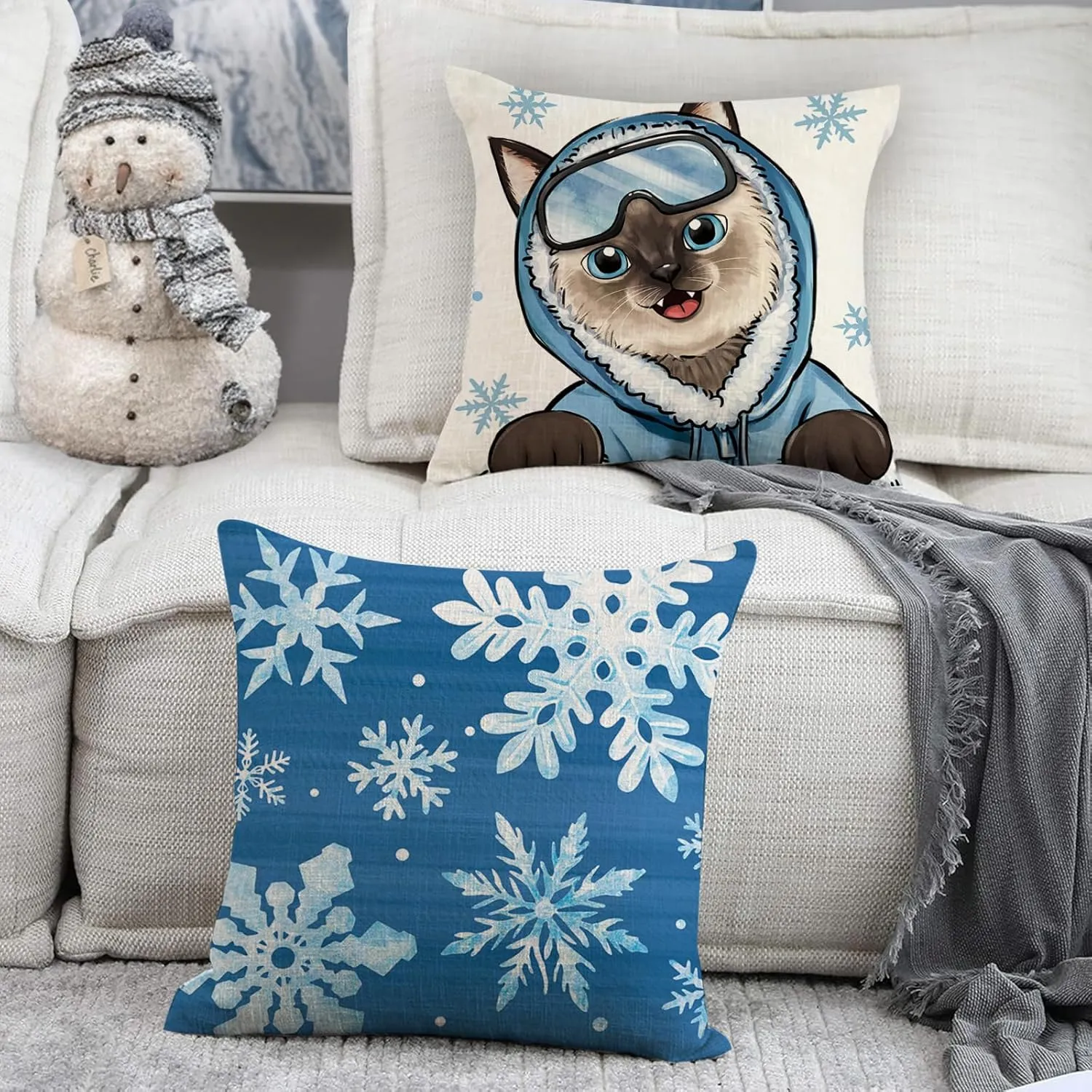 Winter Cat Blue Snowflake Decorative Throw Pillow Covers 18 x 18 Set of 4, Tabby Siamese Cat Snowman Porch Outdoor Home Decor Pet Lover Gifts, Christmas Let It Snow Seasonal Couch Cushion Case
