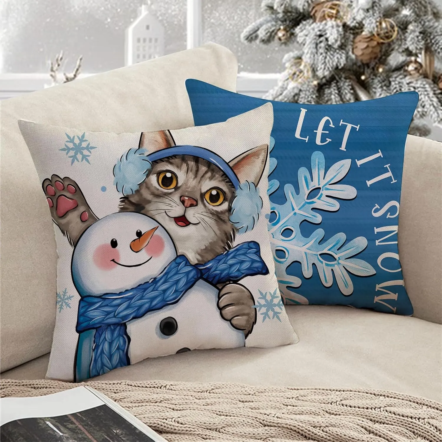 Winter Cat Blue Snowflake Decorative Throw Pillow Covers 18 x 18 Set of 4, Tabby Siamese Cat Snowman Porch Outdoor Home Decor Pet Lover Gifts, Christmas Let It Snow Seasonal Couch Cushion Case