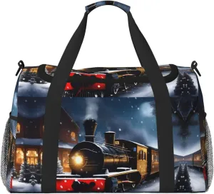 Winter Christmas Snow Night Railway Train print Large Canvas Travel Duffel Bag Weekender Bags for Women Overnight Bag Carry On Tote Bag
