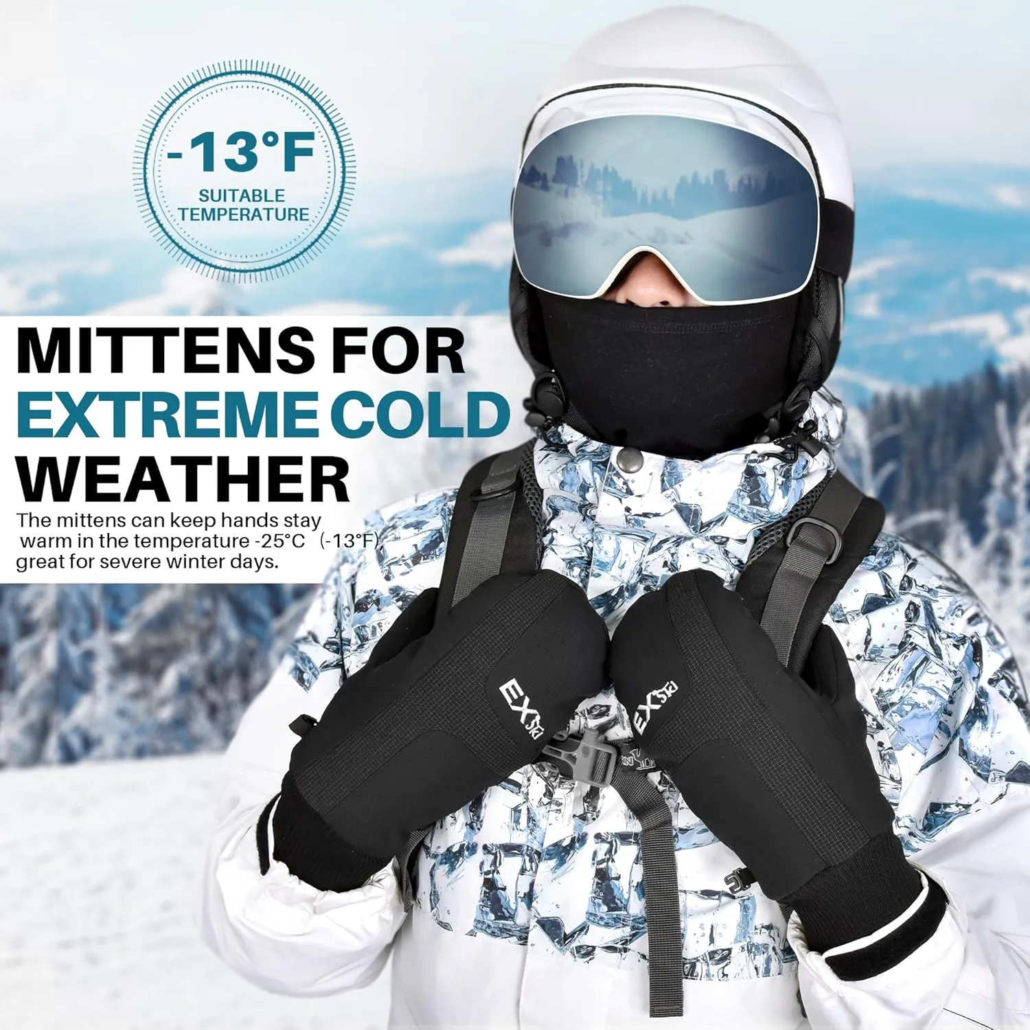 Winter Ski Mittens for Men, Touchscreen Waterproof Snow Mitts for Extreme Cold Weather Snowboarding Skiing