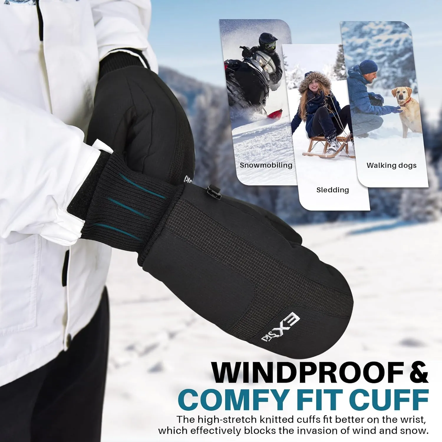 Winter Ski Mittens for Men, Touchscreen Waterproof Snow Mitts for Extreme Cold Weather Snowboarding Skiing