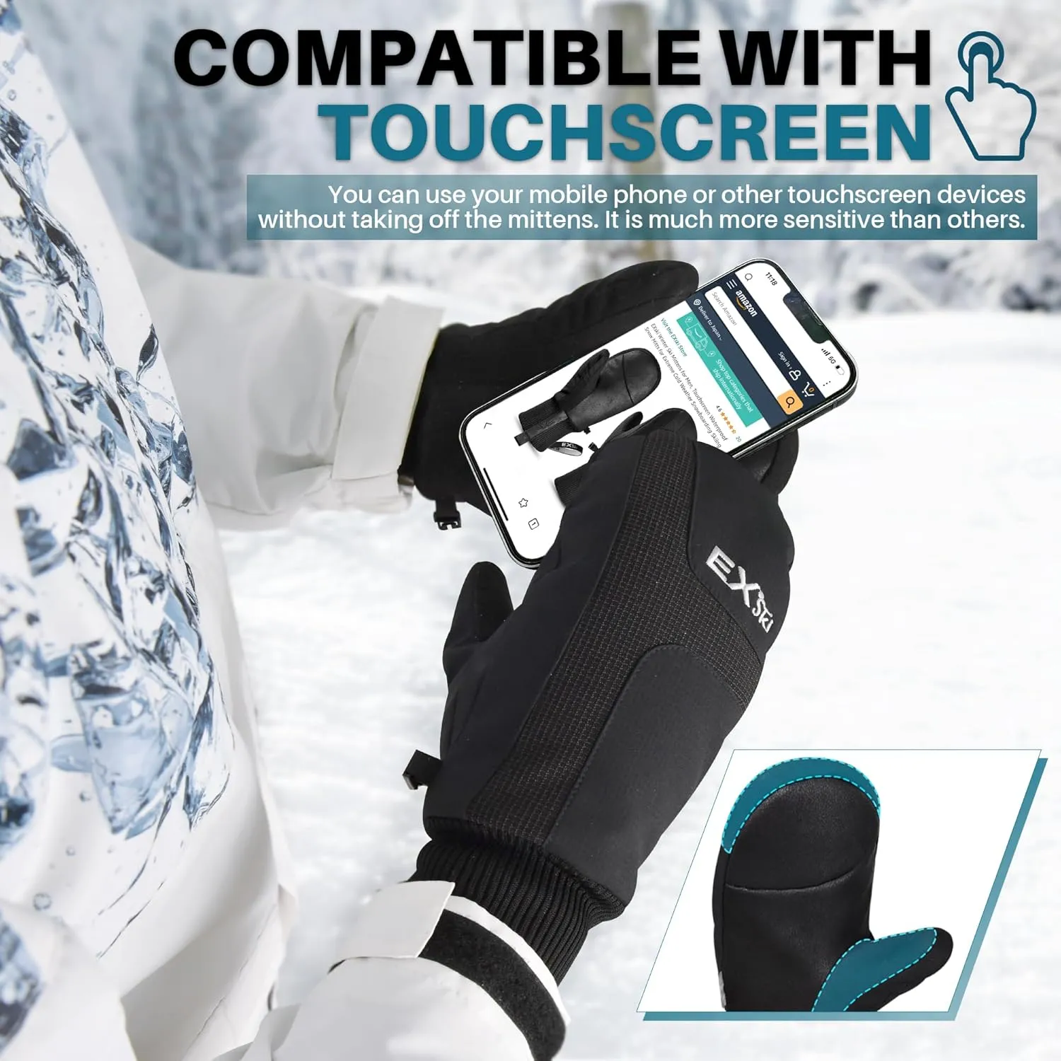 Winter Ski Mittens for Men, Touchscreen Waterproof Snow Mitts for Extreme Cold Weather Snowboarding Skiing