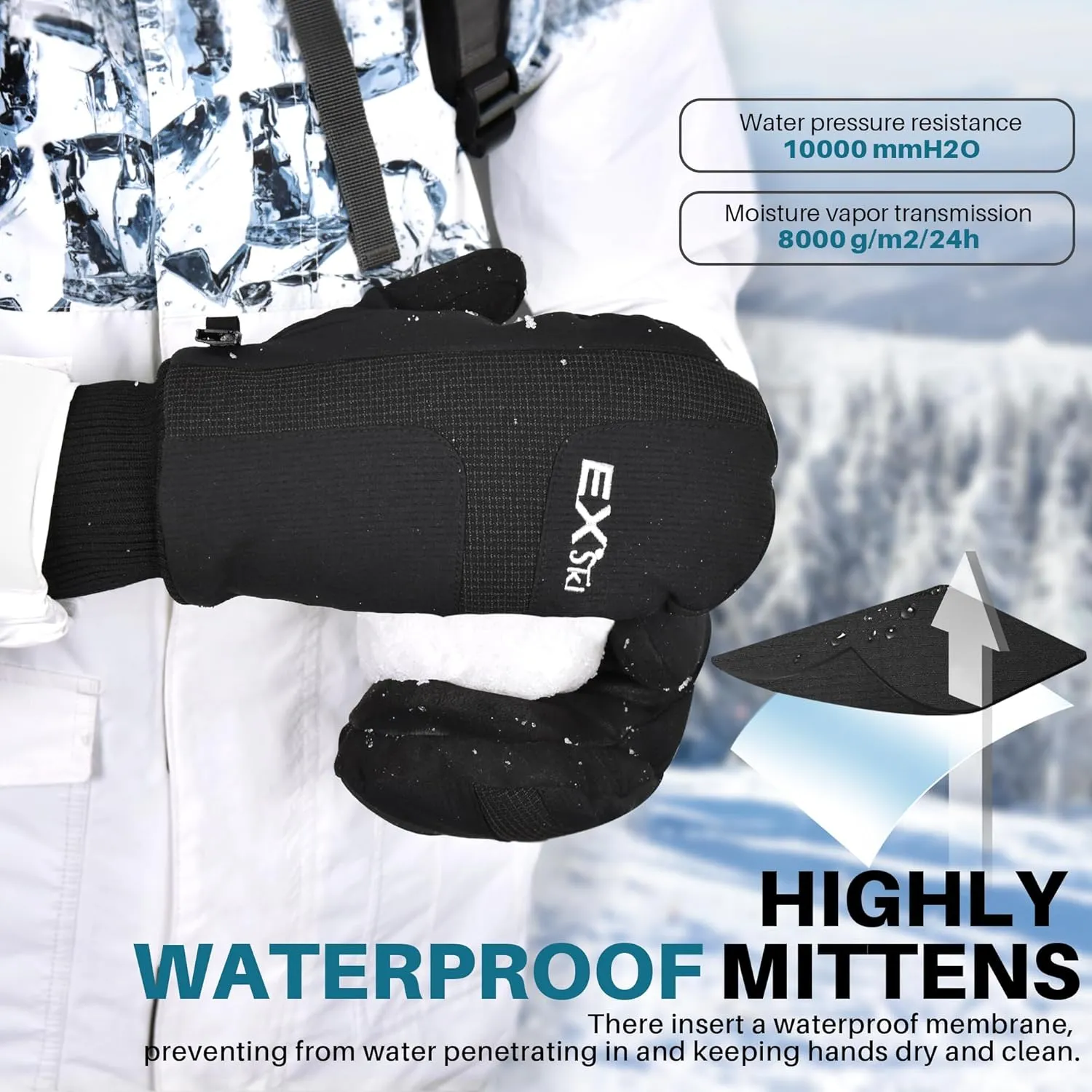 Winter Ski Mittens for Men, Touchscreen Waterproof Snow Mitts for Extreme Cold Weather Snowboarding Skiing