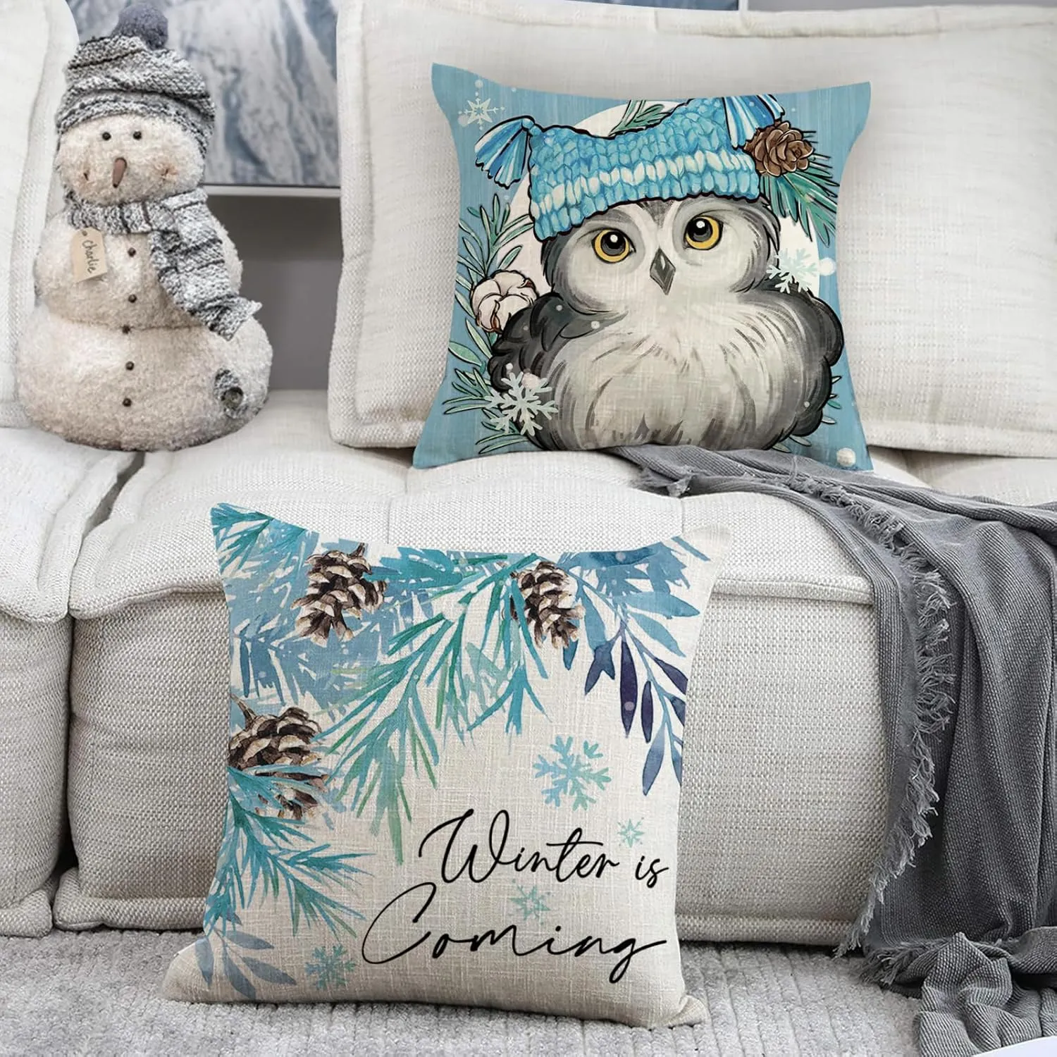 Winter Wishes Owl Raccoon Decorative Throw Pillow Covers 18 x 18 Set of 4, Winter is Coming Pine Tree Porch Outdoor Home Decor, Christmas Seasonal Pine Needle Pine Cone Couch Cushion Case