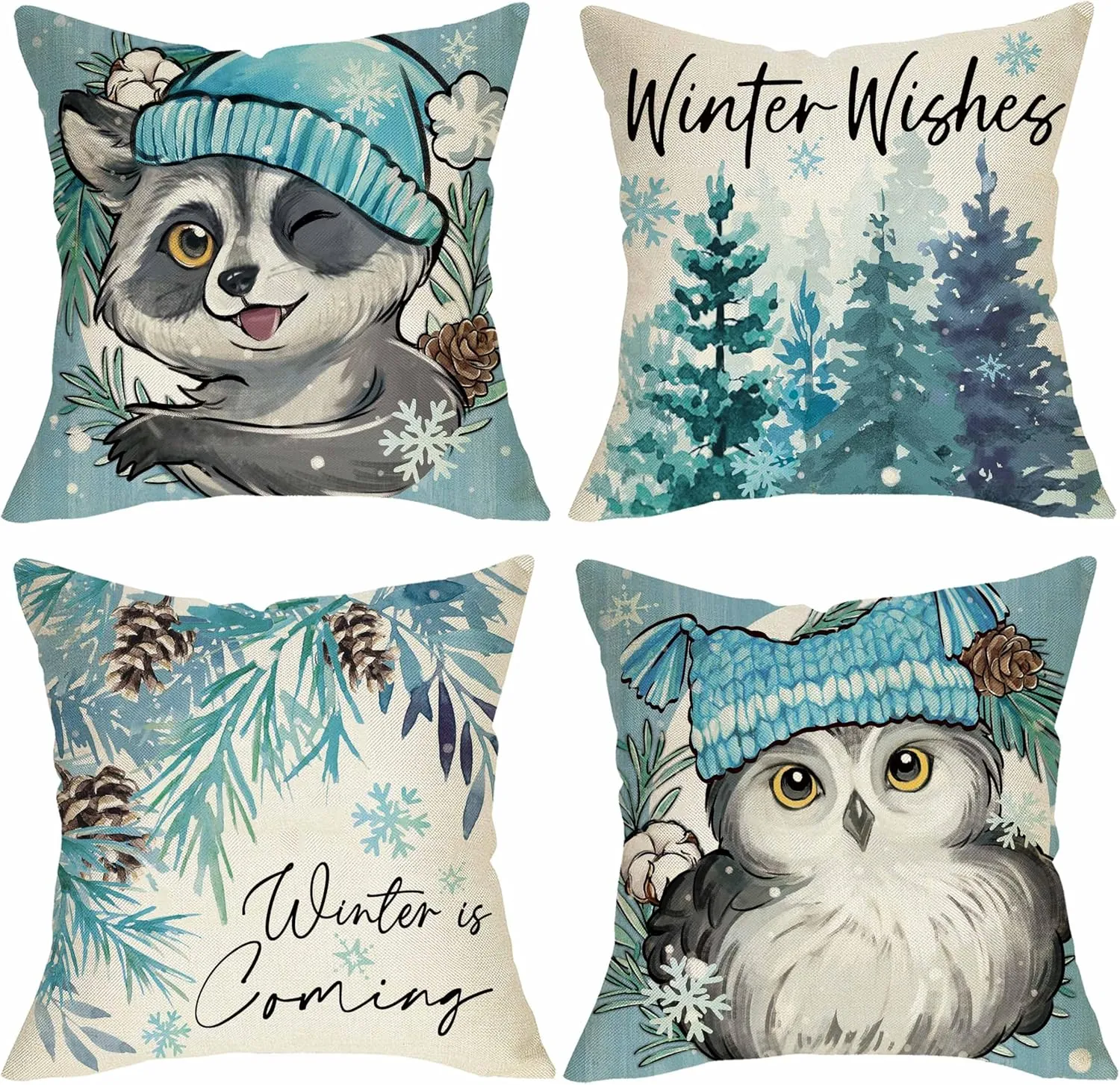 Winter Wishes Owl Raccoon Decorative Throw Pillow Covers 18 x 18 Set of 4, Winter is Coming Pine Tree Porch Outdoor Home Decor, Christmas Seasonal Pine Needle Pine Cone Couch Cushion Case