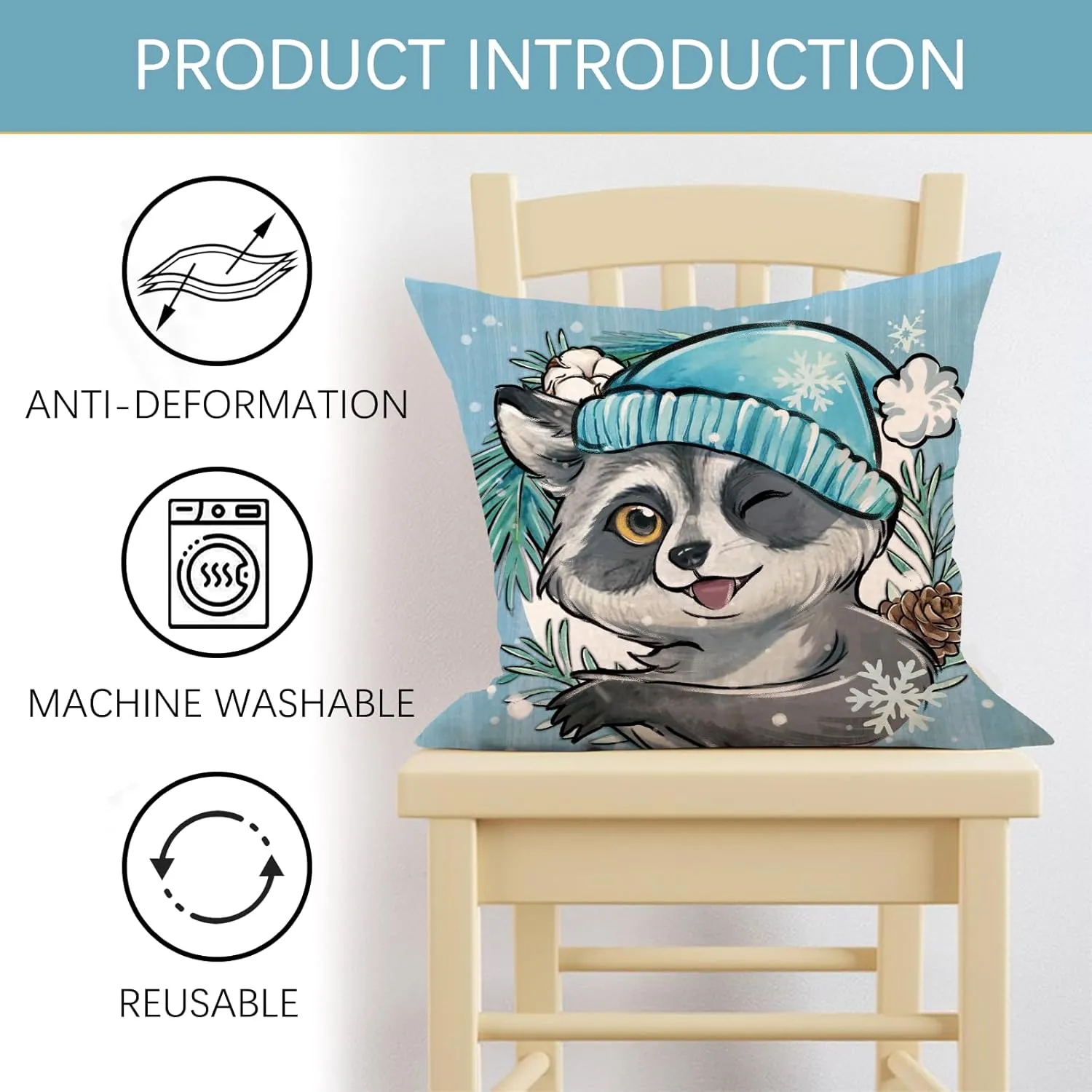 Winter Wishes Owl Raccoon Decorative Throw Pillow Covers 18 x 18 Set of 4, Winter is Coming Pine Tree Porch Outdoor Home Decor, Christmas Seasonal Pine Needle Pine Cone Couch Cushion Case