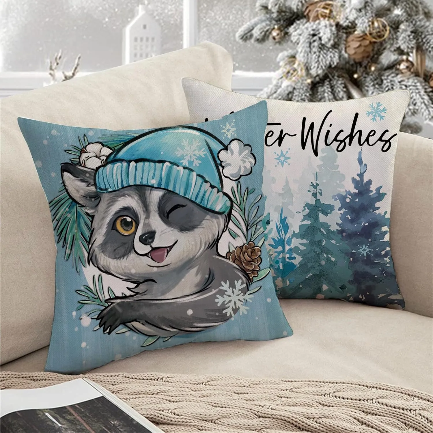 Winter Wishes Owl Raccoon Decorative Throw Pillow Covers 18 x 18 Set of 4, Winter is Coming Pine Tree Porch Outdoor Home Decor, Christmas Seasonal Pine Needle Pine Cone Couch Cushion Case