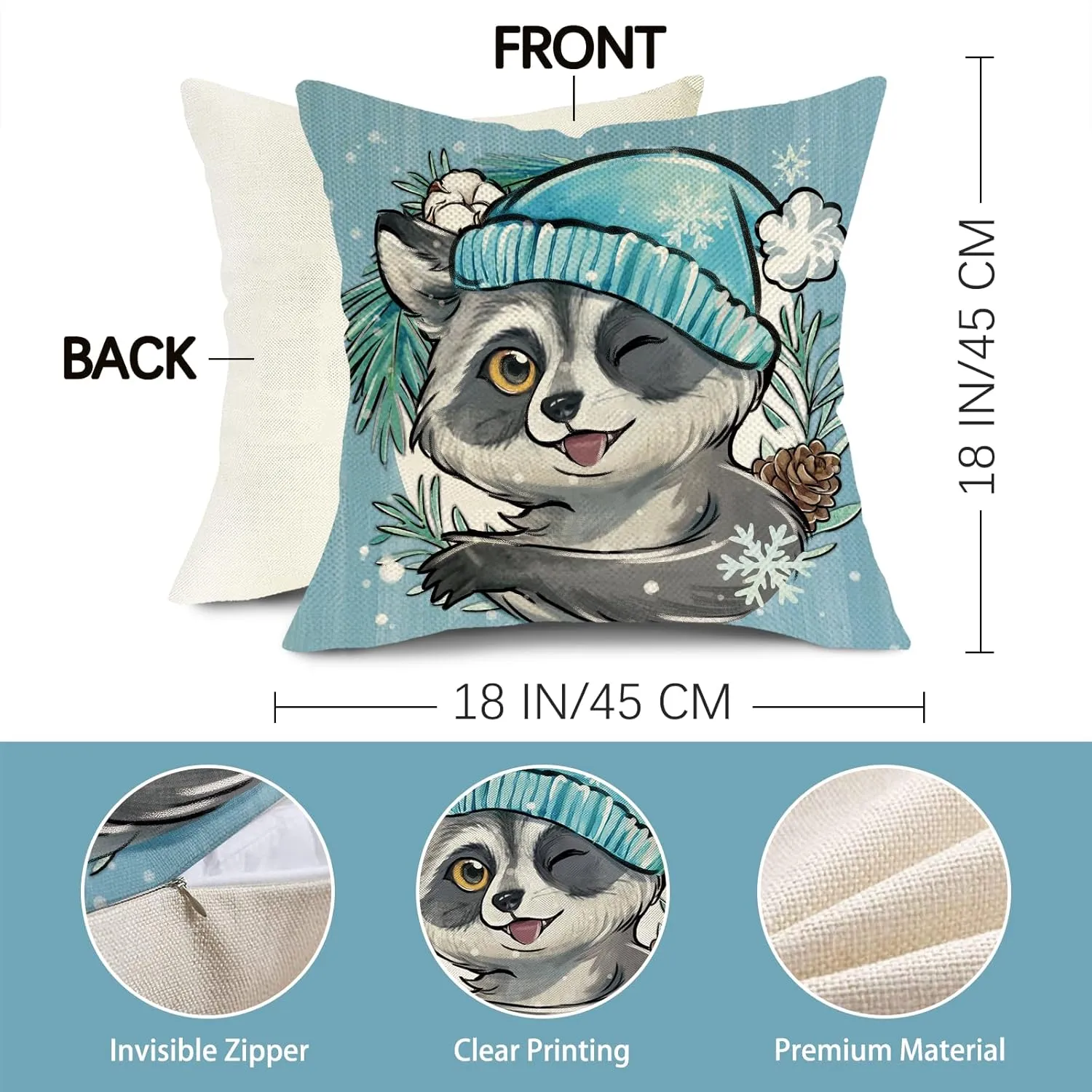 Winter Wishes Owl Raccoon Decorative Throw Pillow Covers 18 x 18 Set of 4, Winter is Coming Pine Tree Porch Outdoor Home Decor, Christmas Seasonal Pine Needle Pine Cone Couch Cushion Case