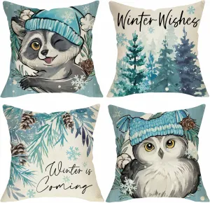 Winter Wishes Owl Raccoon Decorative Throw Pillow Covers 18 x 18 Set of 4, Winter is Coming Pine Tree Porch Outdoor Home Decor, Christmas Seasonal Pine Needle Pine Cone Couch Cushion Case
